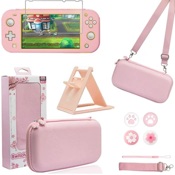 Розово Пътен Калъф С Аксесоари За Nintendo Switch Lite Скъпа Сакура Poch Чанта За Носене С Каишка Поставка Закалена Фолио Стъклена Защита
