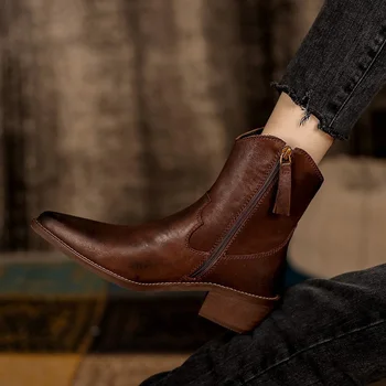 Ботильоны в западен стил, Ръчно изработени обувки с остри пръсти, зимни обувки в стил ретро от телешка кожа, пролетно-есенни дамски обувки в британски стил с Цип