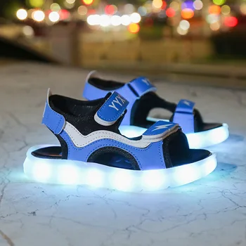 Размери 25-35; Нескользящая светещ обувки за момчета; Светещ обувки с USB зареждане за момичета; Унисекс; Сандали с led подсветка; детски дишащи сандали