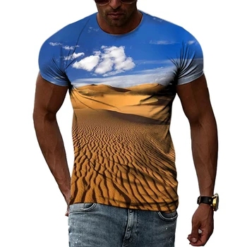 Летни тениски с образа на Пустинен Пейзаж, Мъжки Модни Прости Ежедневни Тениски с 3D Принтом, Модни Топове с Кръгло деколте и Къс Ръкав