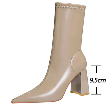 Обувки BIGTREE/Модни обувки на висок ток, обувки от изкуствена кожа, Ботильоны на дебелите обувки, дамски обувки с остри пръсти, есенно-зимни обувки 2023