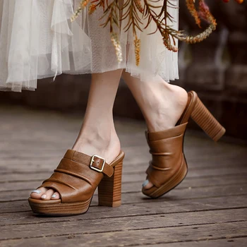 TOTOMELA/Новост 2022 г.; Дамски чехли от естествена кожа, с отворени пръсти; Реколтата, Обувки на Платформа и Висок Дебел ток; Обикновен дамски модел Джапанки