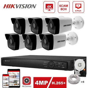 Комплект IP сигурността на Hikvision 4K 8CH POE NVR Hikvision POE IP камера 4MP DS-2CD1043G0-I Външна сигурност 30 м IR Щепсела и да играе H. 265